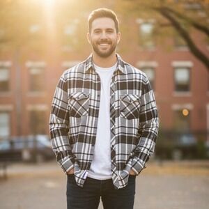 K2 Button Up Plaid Flannel‎ Shirt Long Sleeve Men's L Black White Preppy Casual